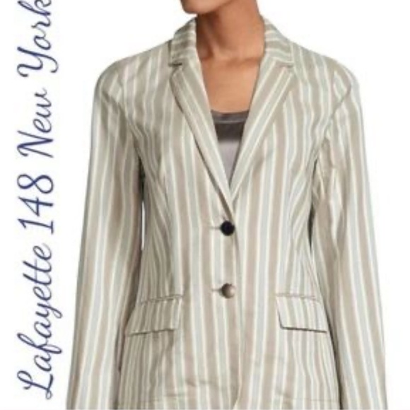 Lafayette 148 NY Academia Single Breasted Blue/Gray Striped Blazer Size 14